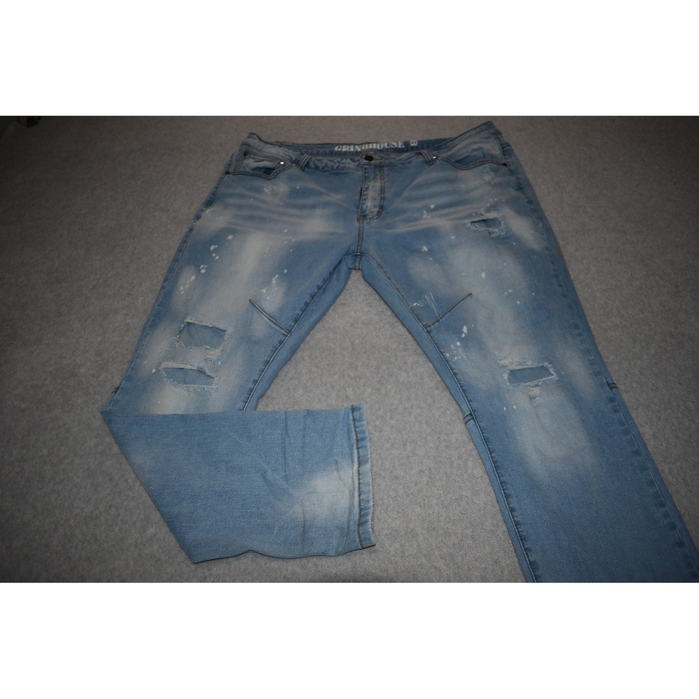 Grindhouse Denim Jeans Mens 42 x 31 Light Blue Distressed Paint Splatter Moto